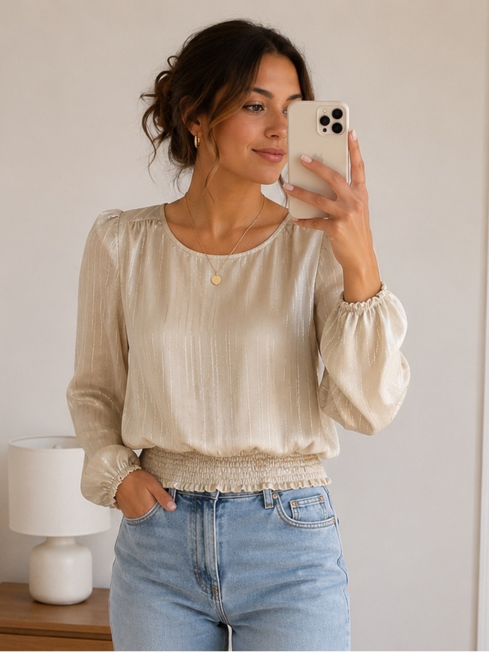 Japna Ivory Silver Pinstripe Long Sleeve Top